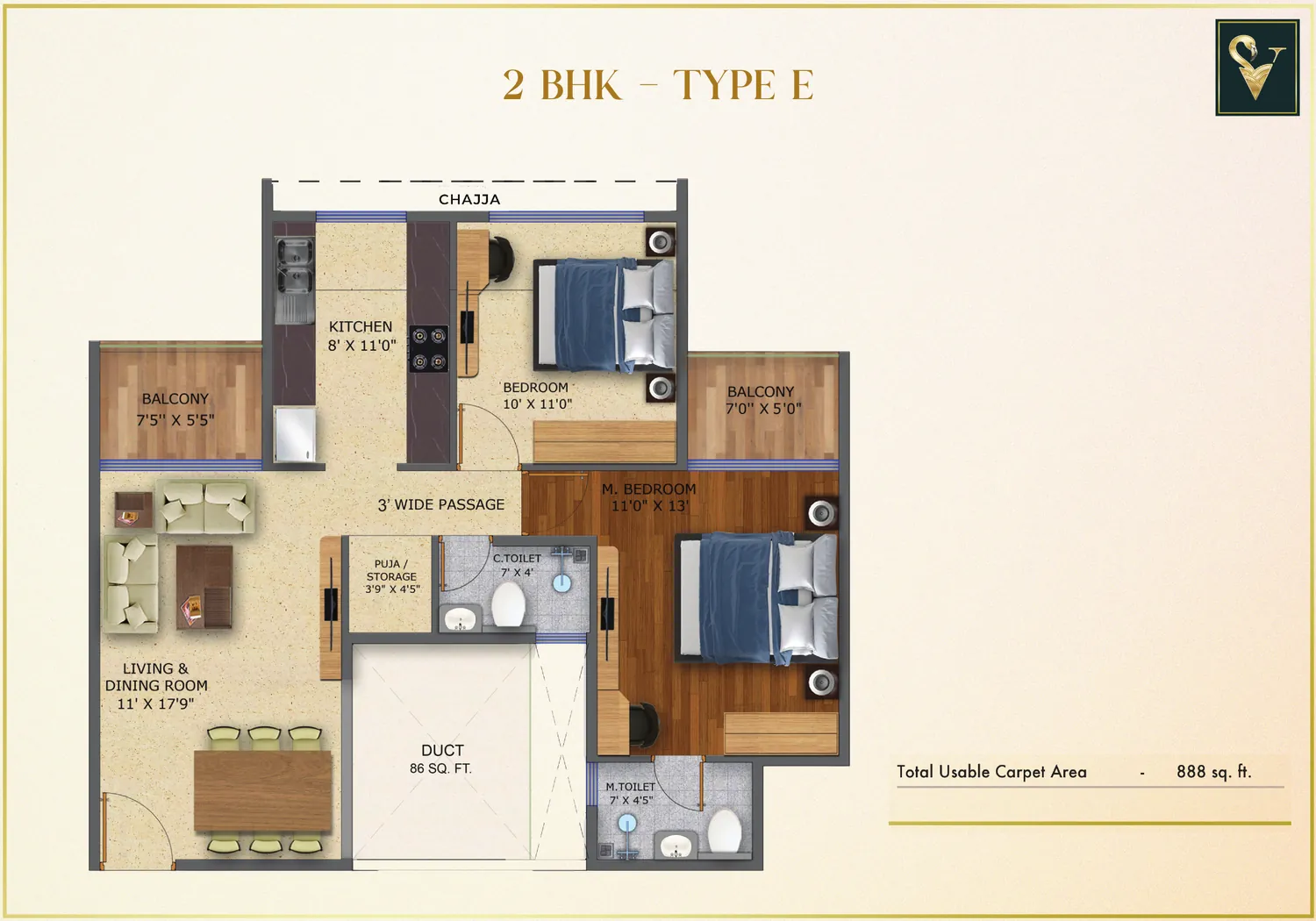 Moraj Silent Valley 2 BHK Type E floor plan
