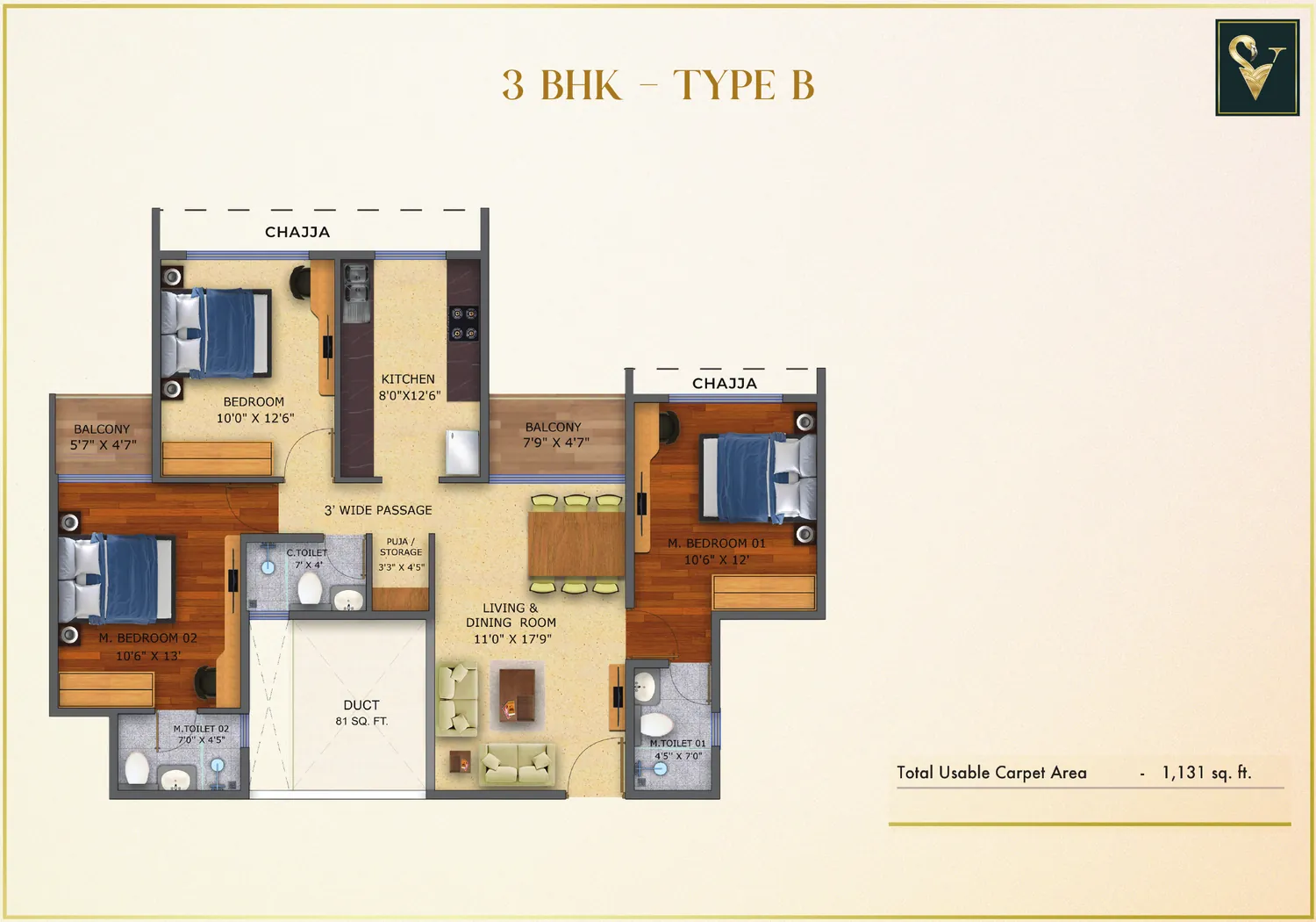 Moraj Silent Valley 3 BHK Type B floor plan